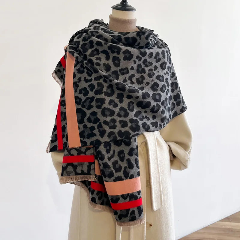 VILZSTUDIOS New Luxury Winter Leopard Two-Sided Cashmere Jacquard Scarves High Quality Women Thicken Wrap Shawl Ladies Wool Pashmina Scarf