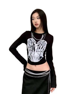 VILZSTUDIOS Black Pearl Print Long Sleeve Cropped Top