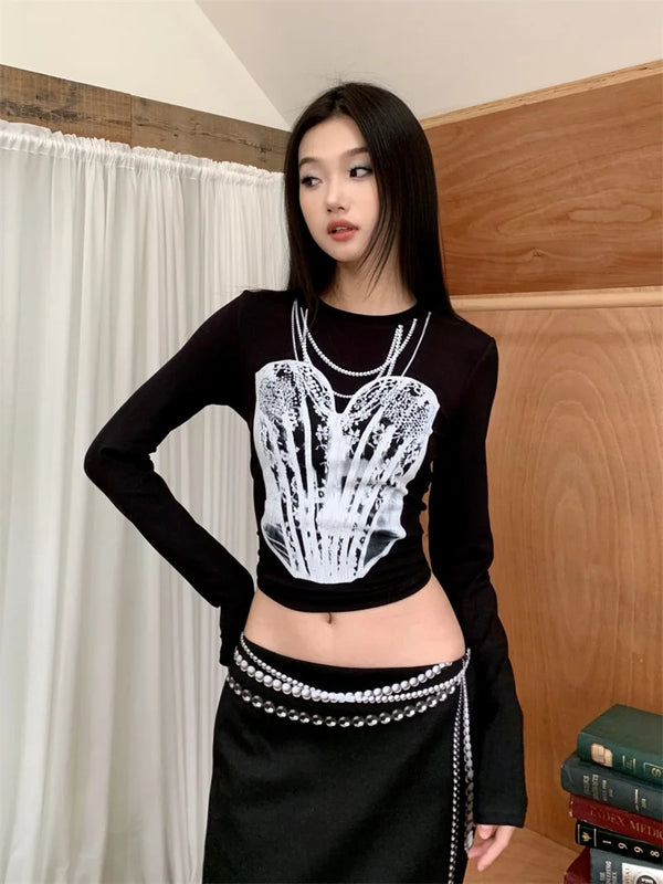 Black Pearl Print Long Sleeve Cropped Top
