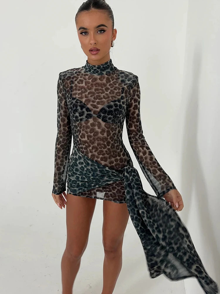 VILZSTUDIOS Leopard Print Sheer Turtleneck Mini Dress