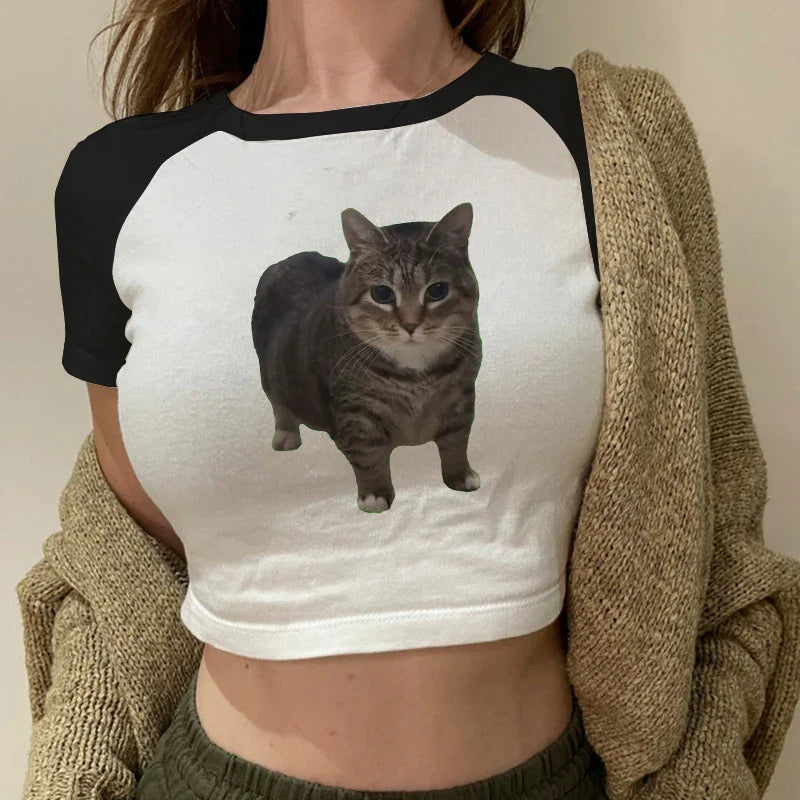 VILZSTUDIOS Funny Cat Print Casual Kawai Crop Top