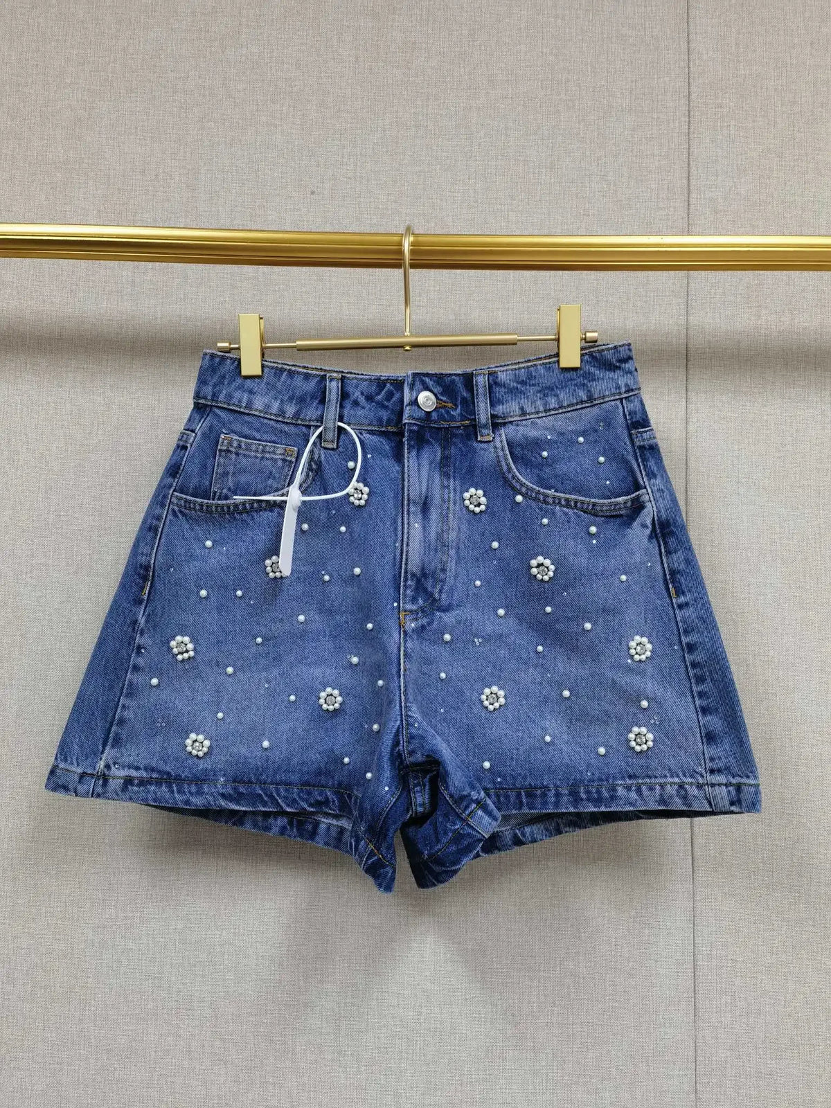 VILZSTUDIOS Floral Pearl Decoration Casual Denim Shorts