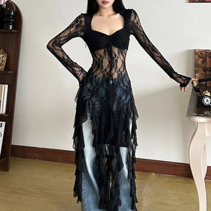 VILZSTUDIOS Sexy Mesh Lace Maxi Top with Ruffles