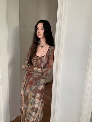 VILZSTUDIOS Brown Abstract Print Long Sleeve Dress
