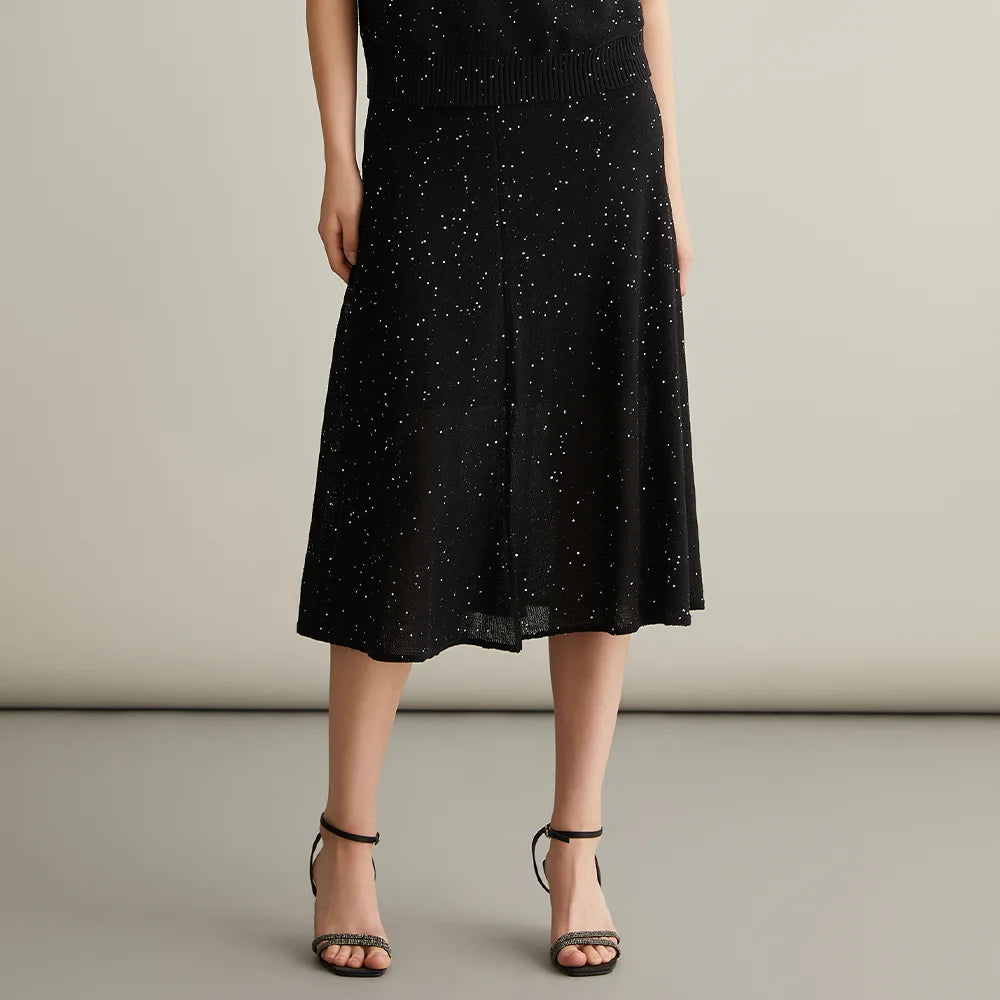 VILZSTUDIOS Luxury Knitted Sequin Silk Linen Skirt