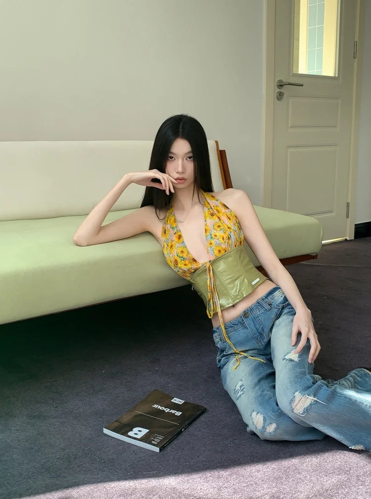 VILZSTUDIOS Yellow Daisies Front Tie Halter Crop Top