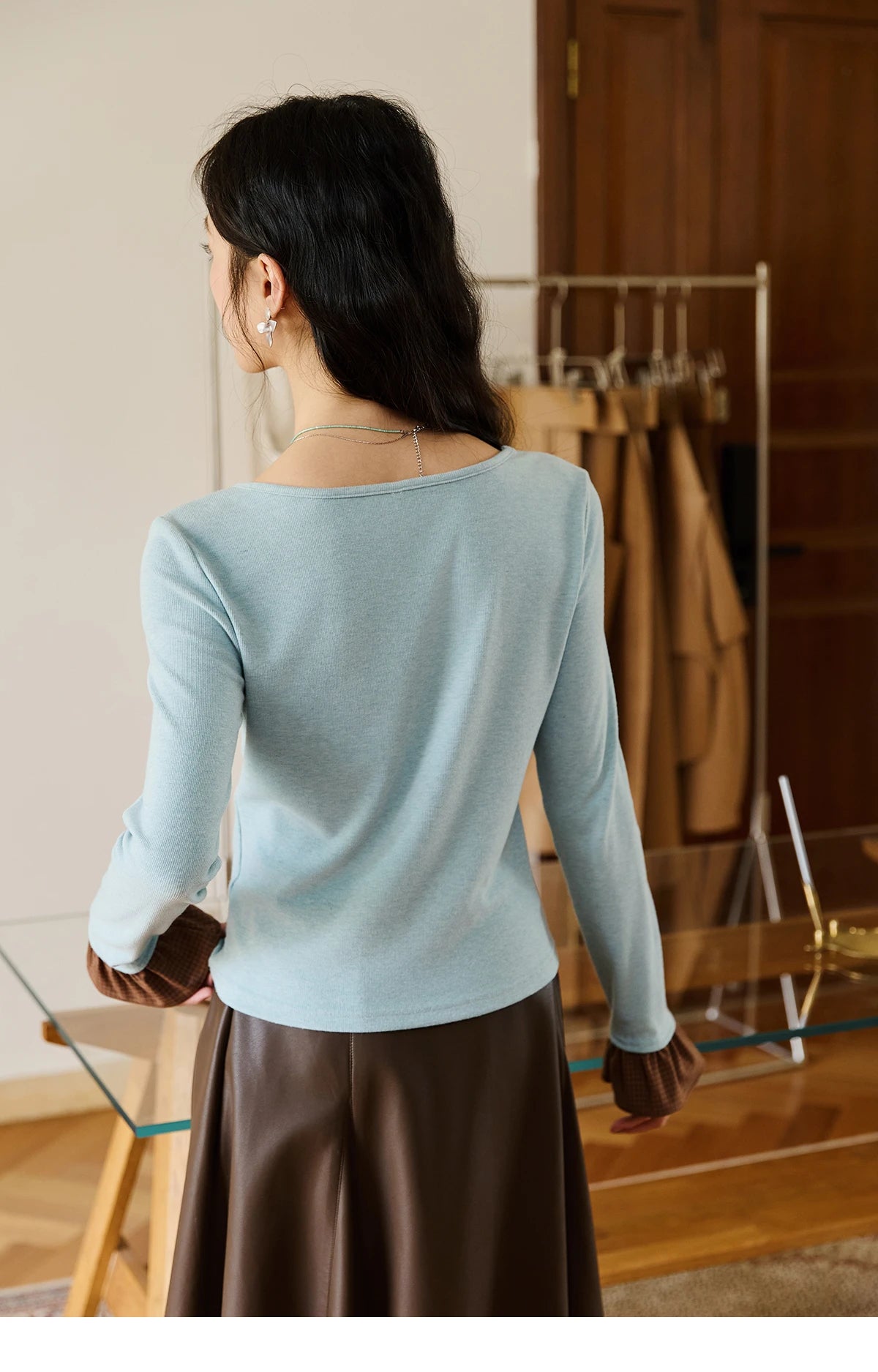 VILZSTUDIOS Blue Color Blocked Knitted Ruffled Long Sleeve Top