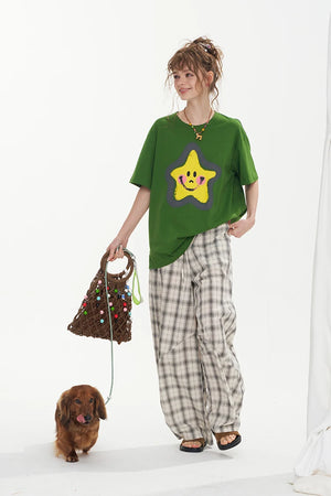 VILZSTUDIOS Smiley Star Print Short Sleeve Casual T-Shirt