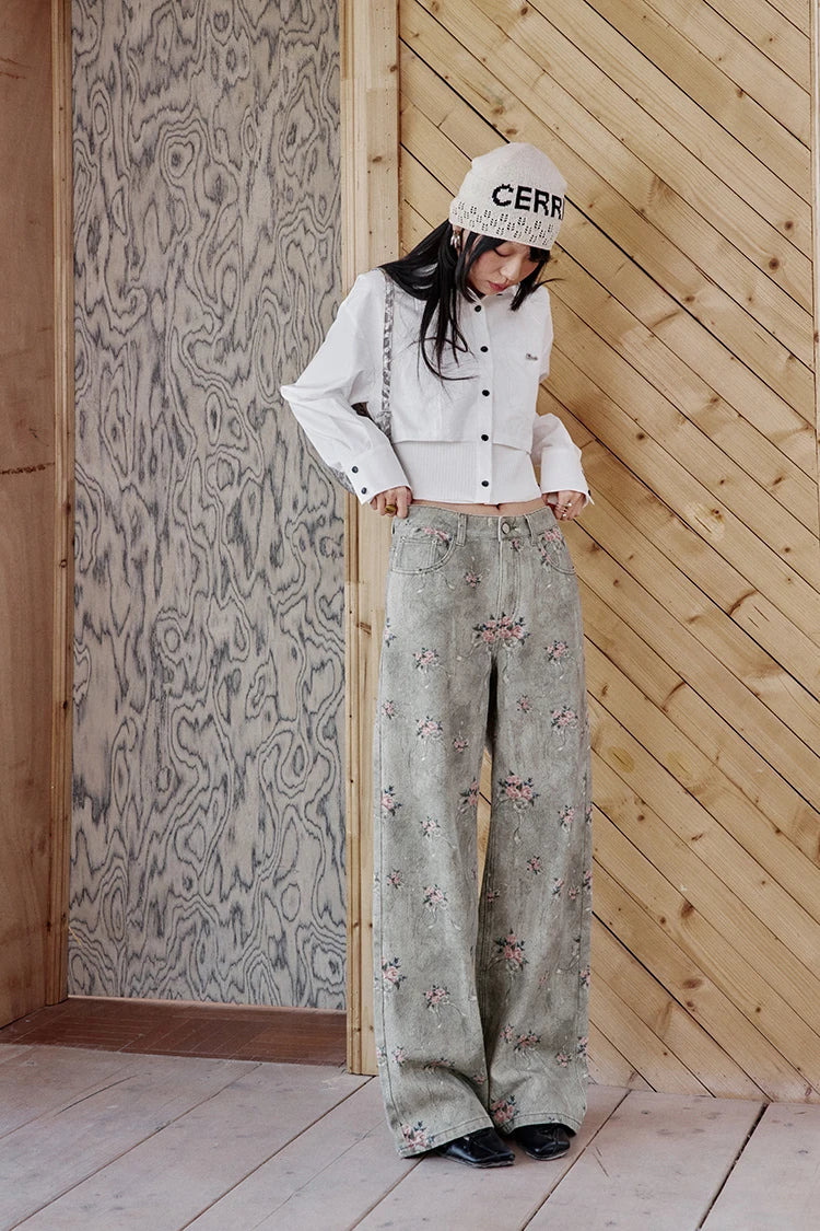VILZSTUDIOS Retro Flower Printed Wide Leg Jeans