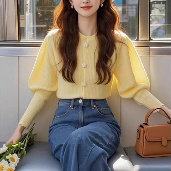 Elegant Lantern Sleeve Knitted Cardigan