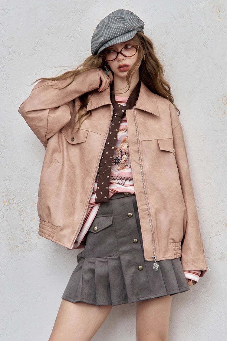 VILZSTUDIOS Y2K Vintage Texture Zip-Up Biker Leather Jacket