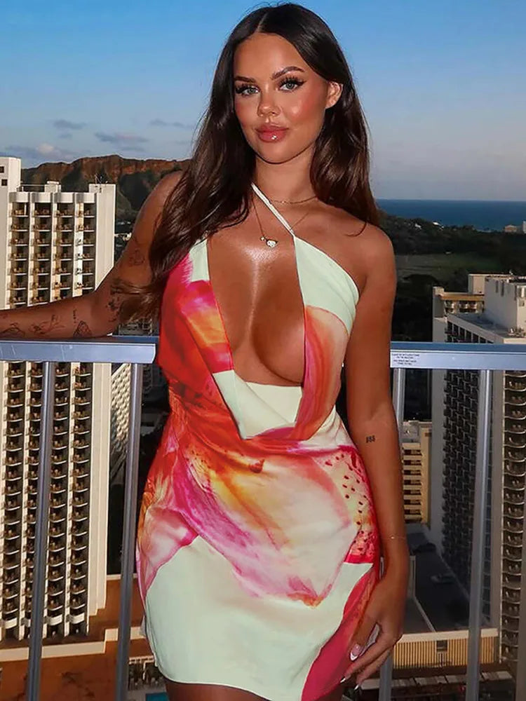 VILZSTUDIOS One Shoulder Backless Print Mini Dress