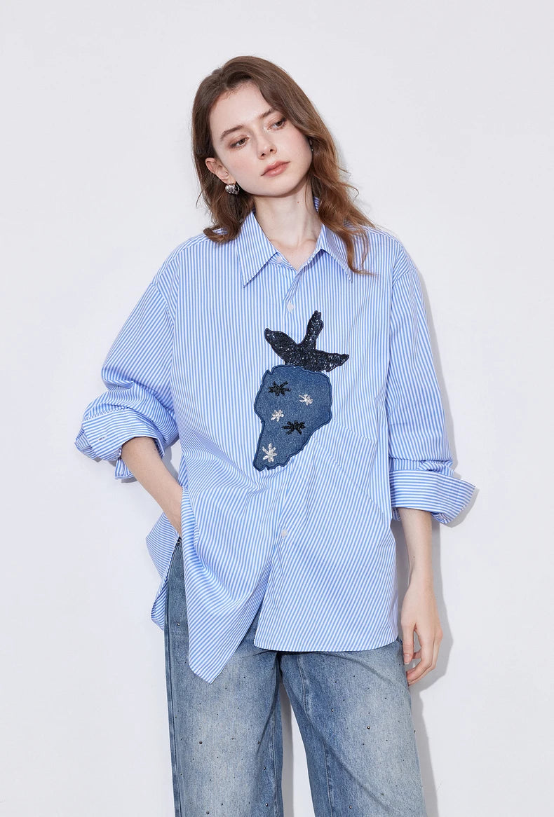 VILZSTUDIOS Striped Strawberry Print Long Sleeve Shirt