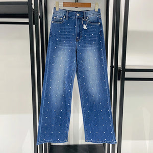 VILZSTUDIOS High Waist Blue Beaded Straight Leg Jeans