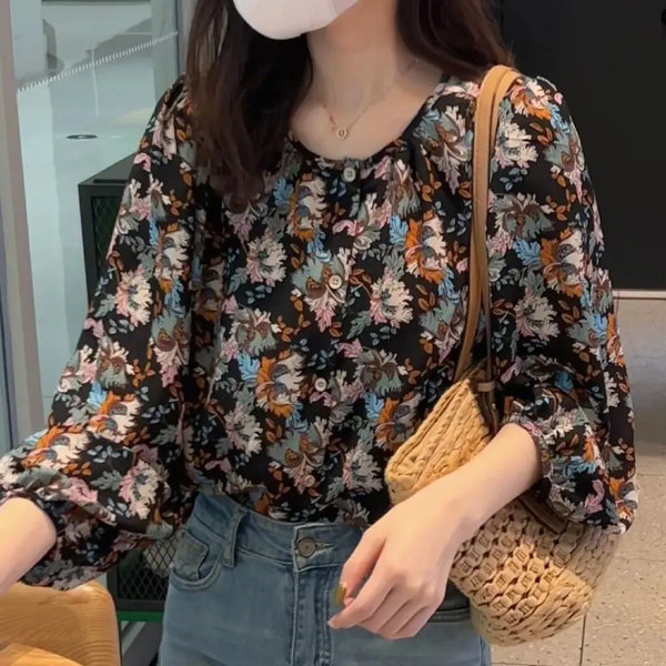 Chic Floral Long Sleeve Women Blouse