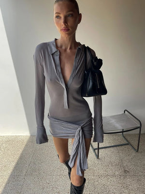 VILZSTUDIOS Elegant Bandage Ruched Long Sleeve Dress