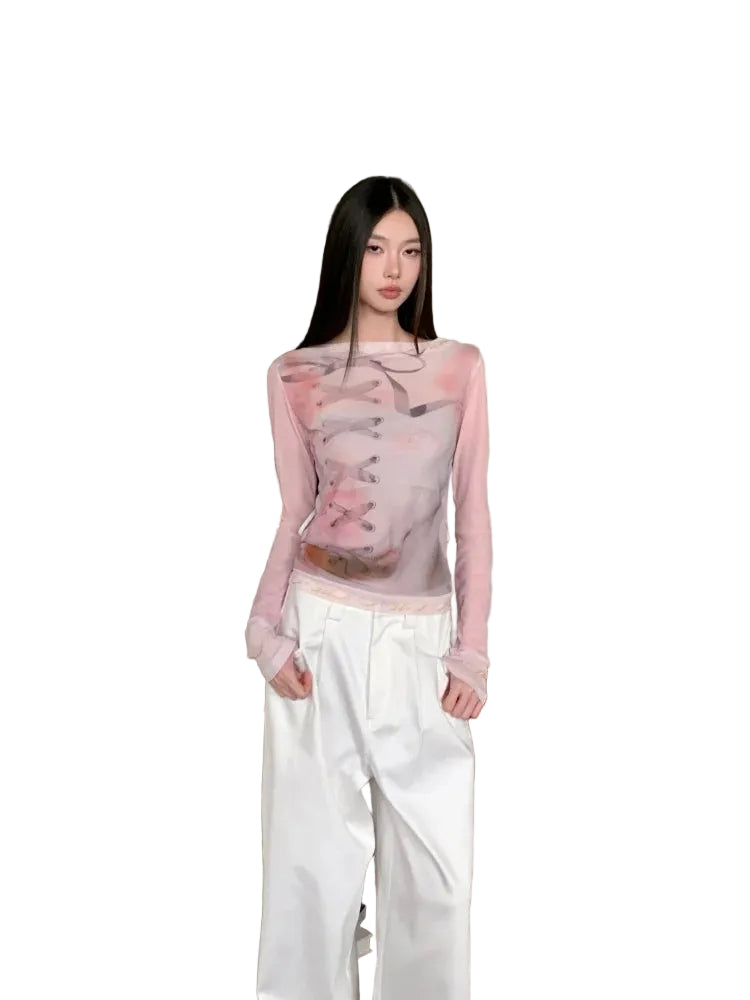 VILZSTUDIOS Pink Lace Print Mesh Long Sleeve Top