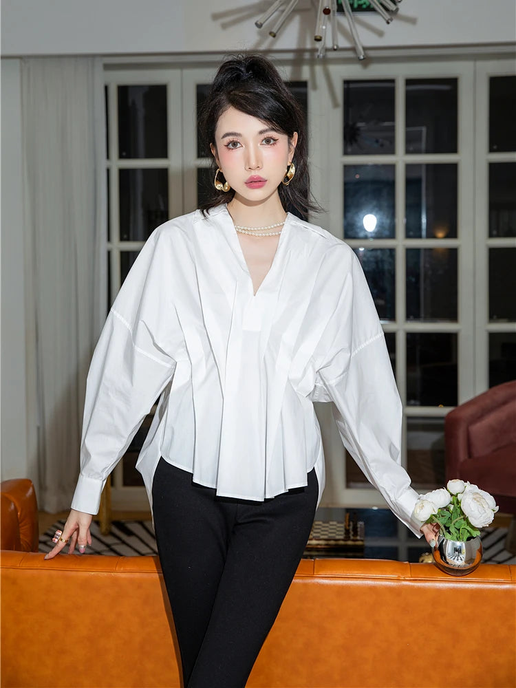 VILZSTUDIOS Elegant White Japanese Style Pleated Blouse