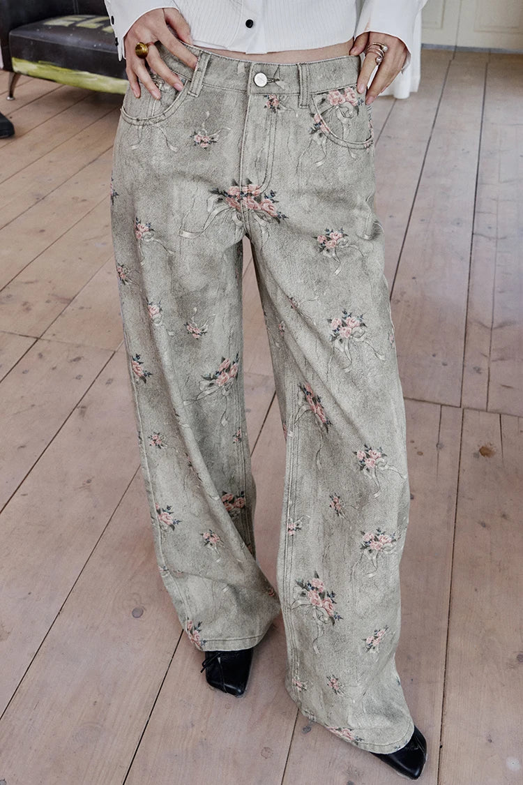 VILZSTUDIOS Retro Flower Printed Wide Leg Jeans