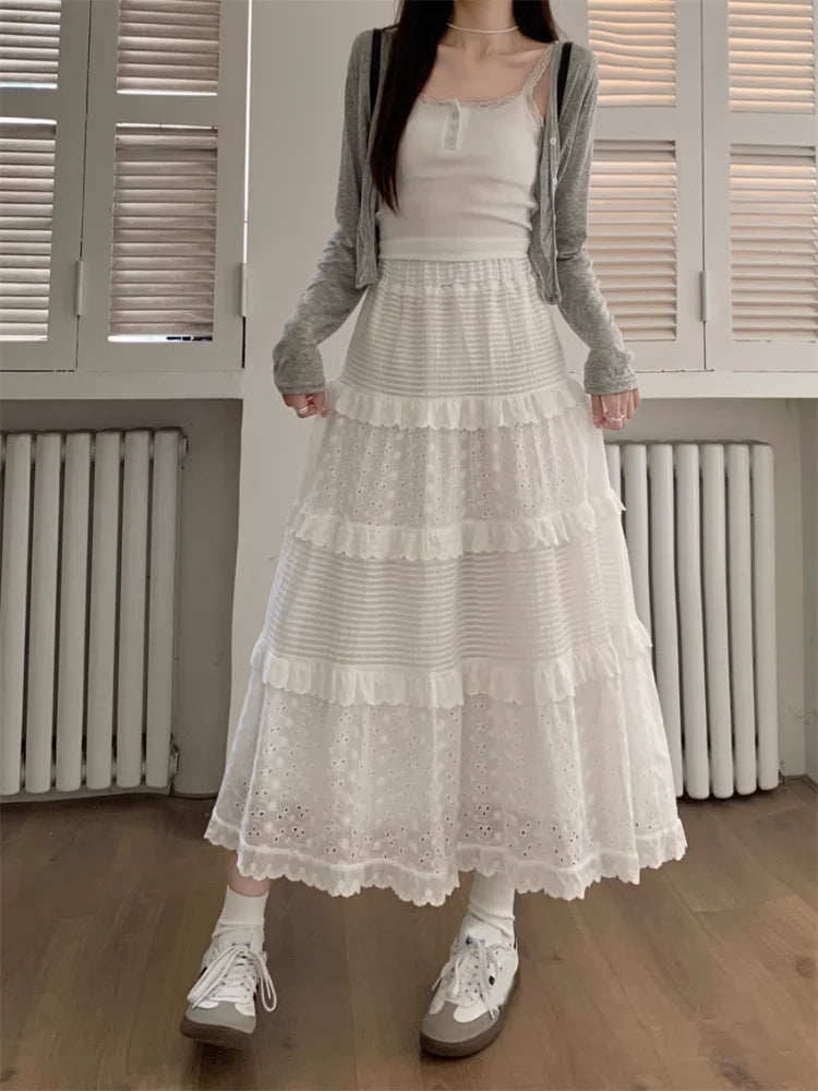 VILZSTUDIOS Elegant White Lace Patchwork Midi Skirt