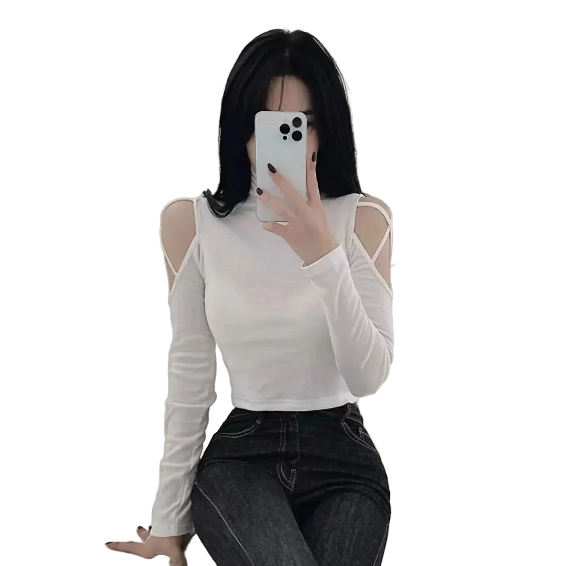 VILZSTUDIOS Sexy Hollow Out Turtleneck Long Sleeve Top