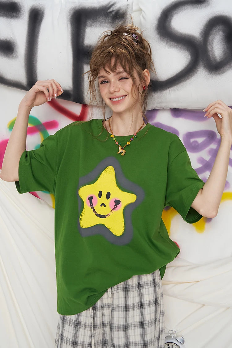 VILZSTUDIOS Smiley Star Print Short Sleeve Casual T-Shirt