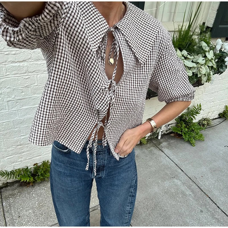 VILZSTUDIOS Vintage Plaid Print Puff Sleeve Shirt