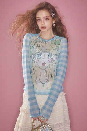 VILZSTUDIOS Checkered Cartoon Mesh Long Sleeve Top