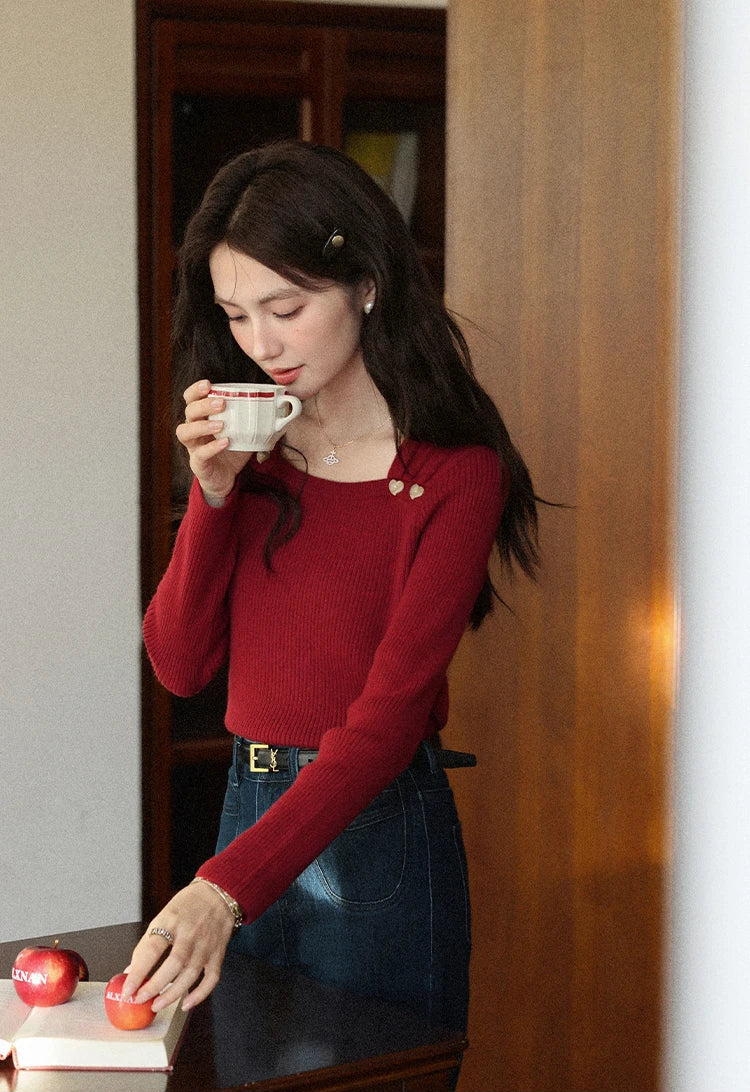 VILZSTUDIOS Red Square Collar Knitwear Sweater
