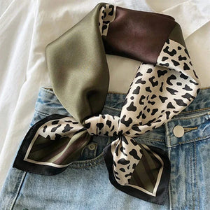 VILZSTUDIOS 70*70cm Leopard Green Brown Silk Scarf Women Simulated Silk Fresh and Elegant Versatile Headwear Clothing Bags and Square Scarf