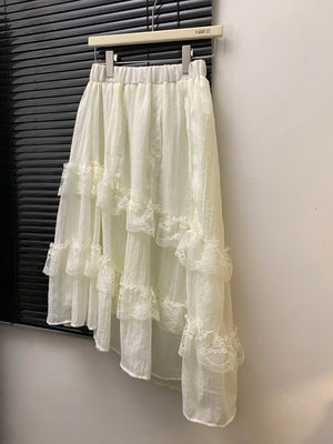 VILZSTUDIOS Gray Lace Patchwork High Waist Skirt