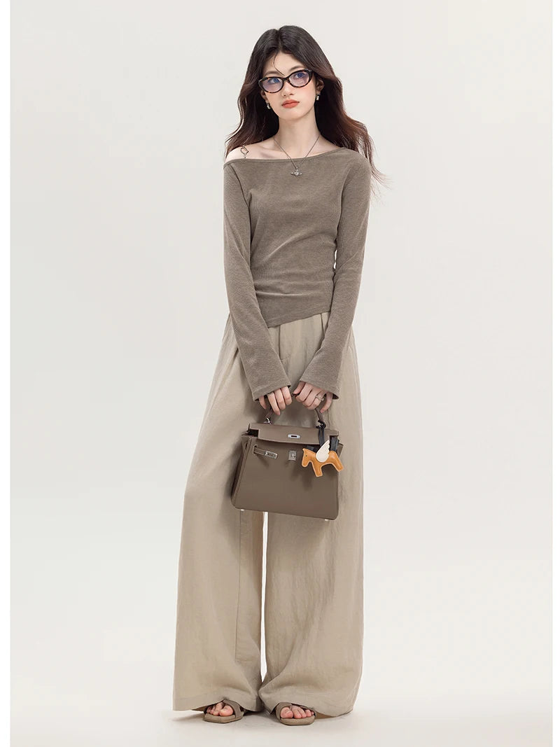 VILZSTUDIOS Asymmetrical Off Shoulder Knitted Long Sleeve Top
