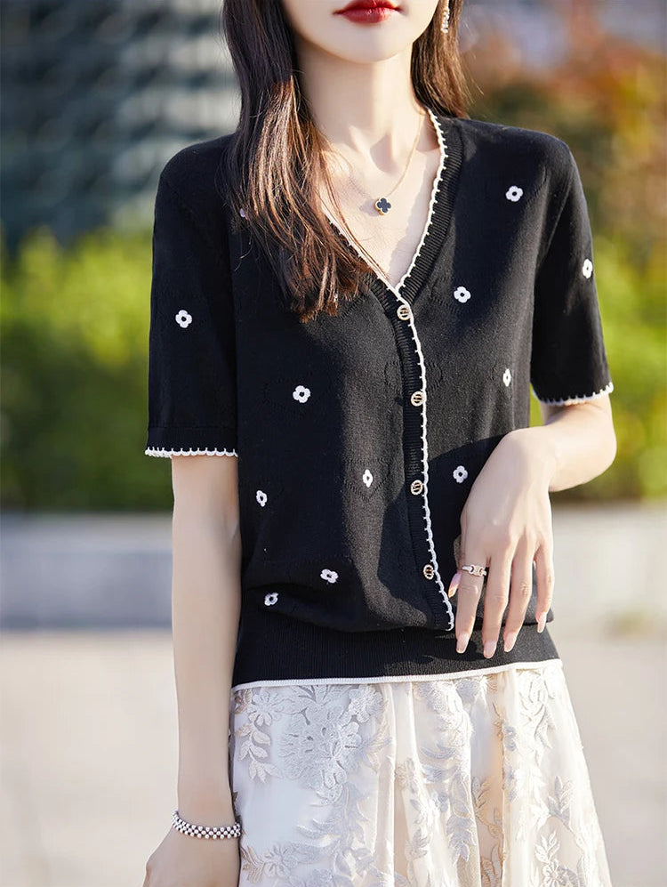 VILZSTUDIOS Embroidered Casual V-Neck Light Cardigan