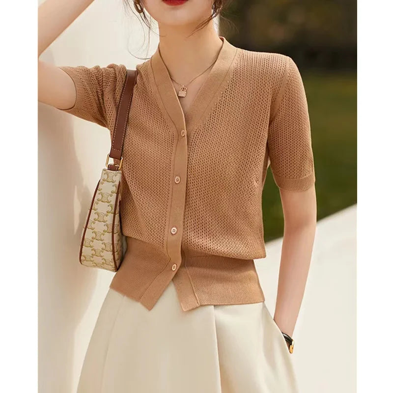 VILZSTUDIOS Breathable Knit Short Sleeve Cardigan