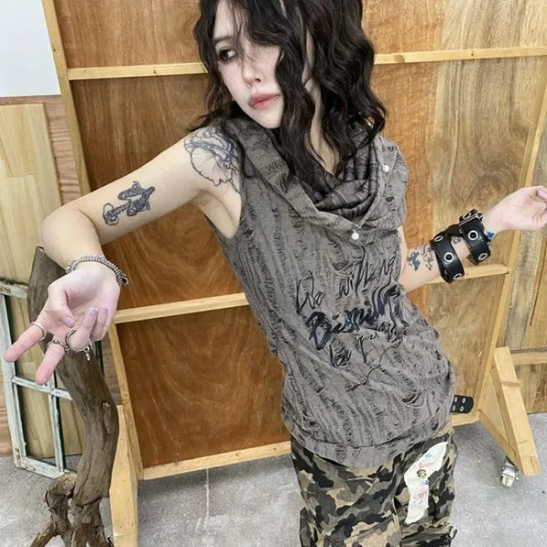 Pearl Button Print Hollow Out T-Shirt