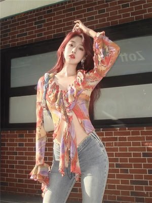 VILZSTUDIOS Fairycore Ruffled Tie Dye Crop Top