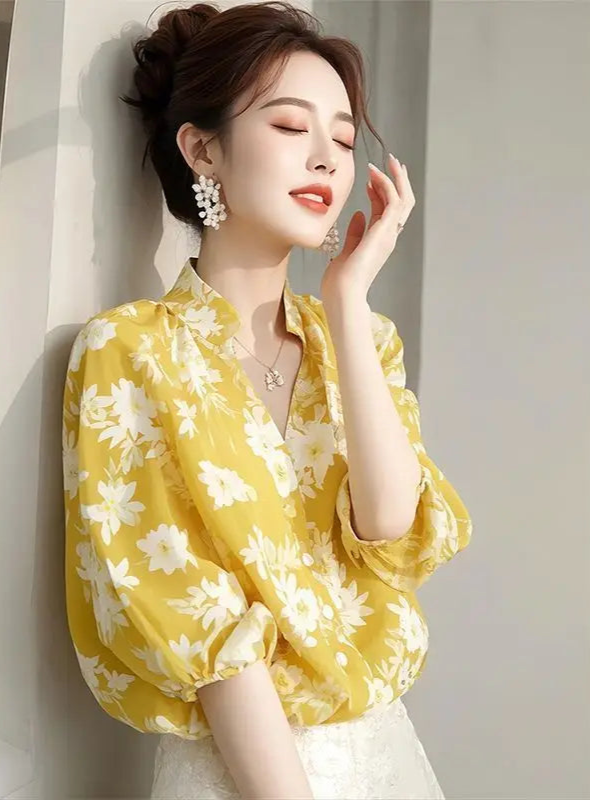 VILZSTUDIOS Unique Yellow Floral Printed Women's Shirt