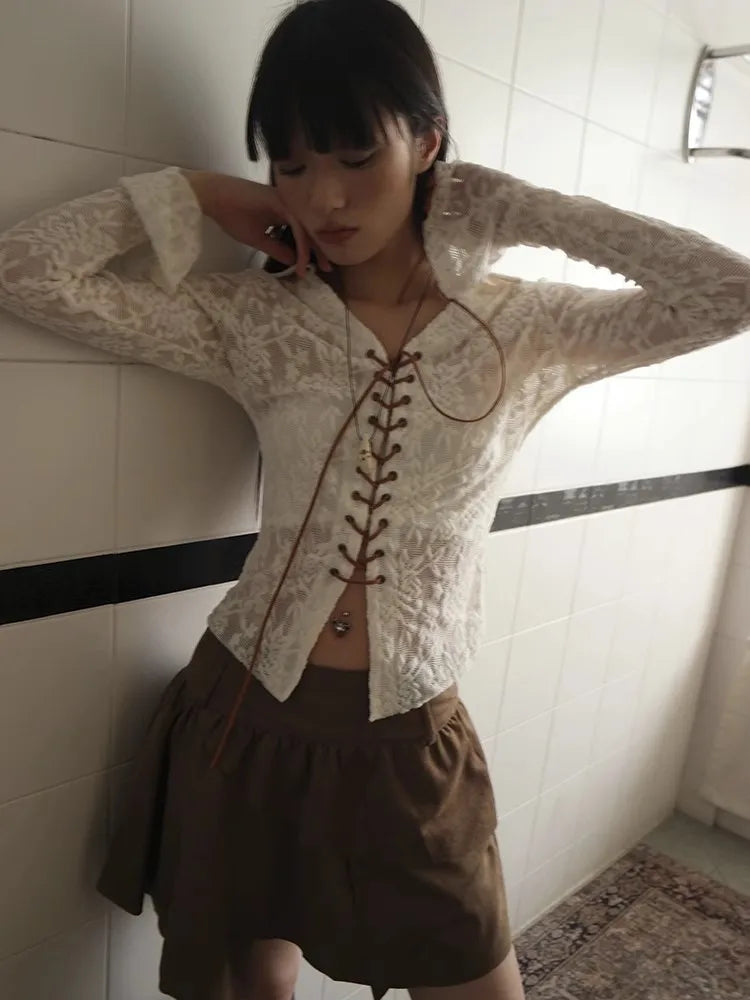 VILZSTUDIOS Fairycore Lace Up Collar Cropped Blouse