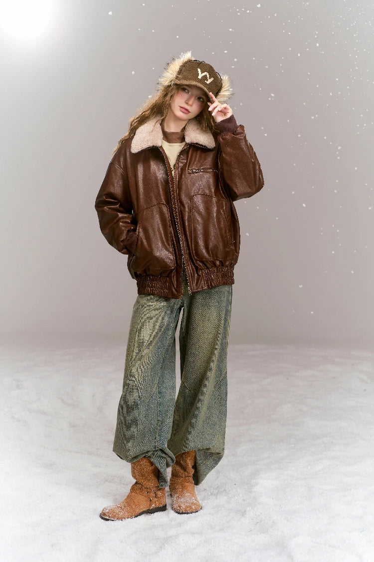 VILZSTUDIOS Vintage Brown Fleece Neck PU Leather Jacket