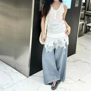 VILZSTUDIOS Sleeveless White Splicing Lace Blouse
