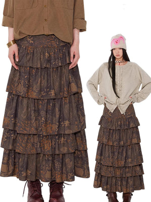 VILZSTUDIOS Luxury Floral Print Tiered Midi Skirt
