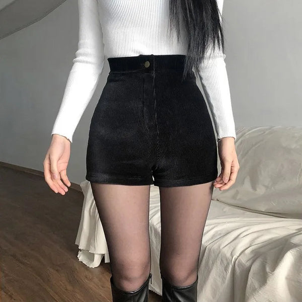 High Waist Black Corduroy Shorts Pants