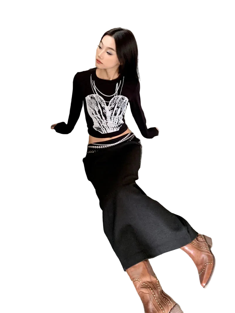 VILZSTUDIOS Black Pearl Print Long Sleeve Cropped Top