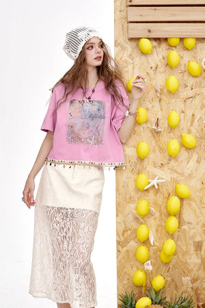 VILZSTUDIOS Chic Shell Tassel Print Loose T-Shirt