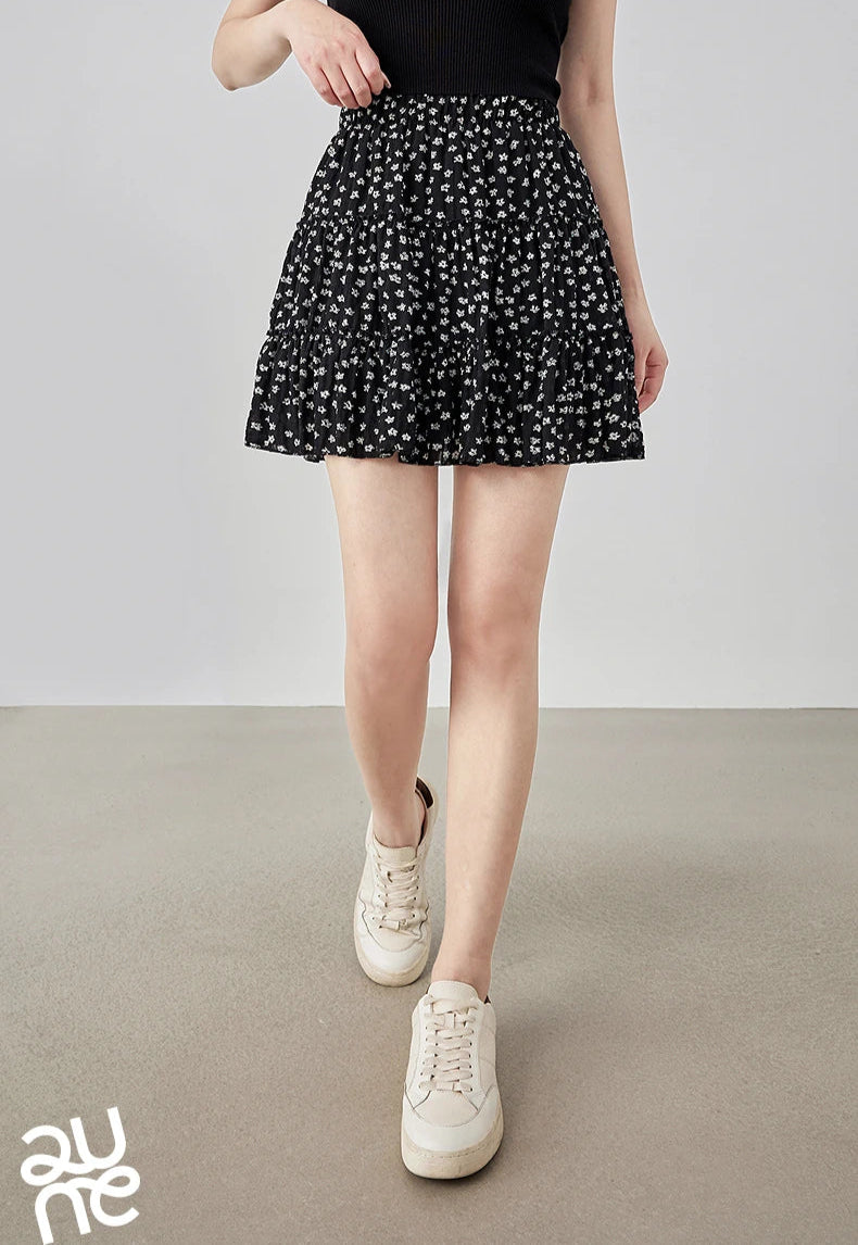 VILZSTUDIOS Floral Bubble Wrinkled Summer Mini Skirt