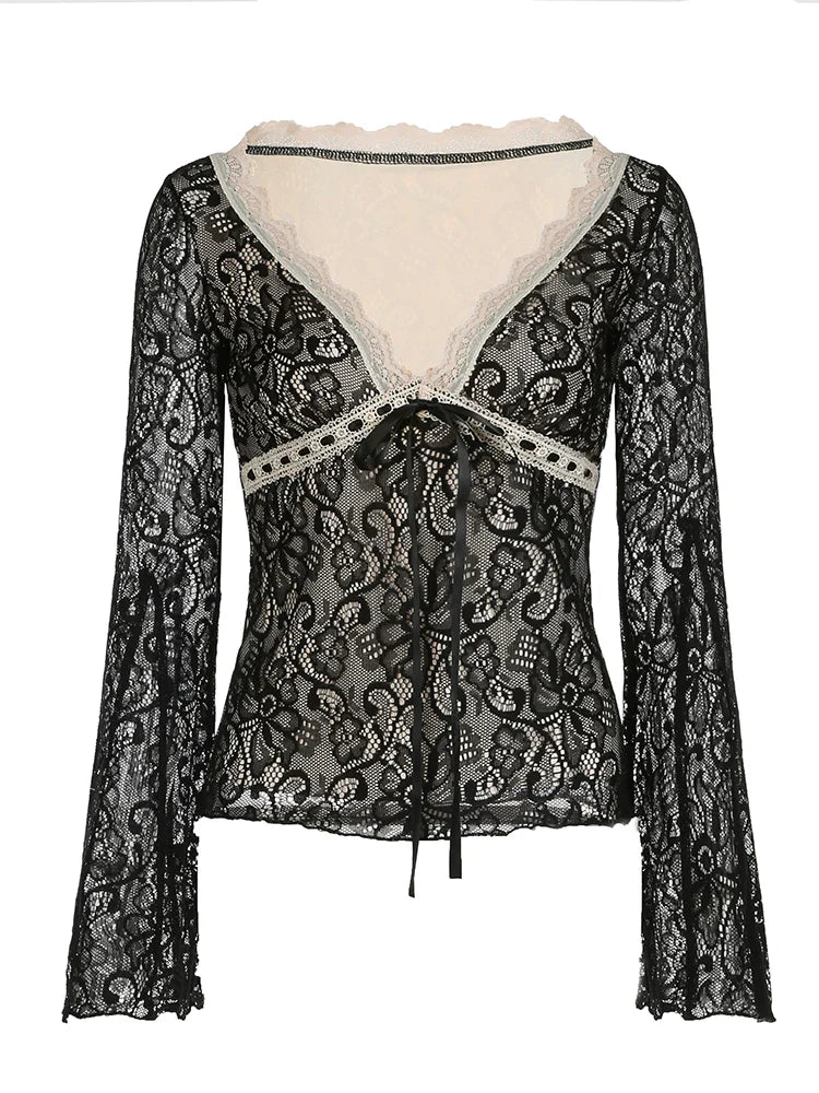 VILZSTUDIOS Floral Lace Tie Front Flounce T-Shirt