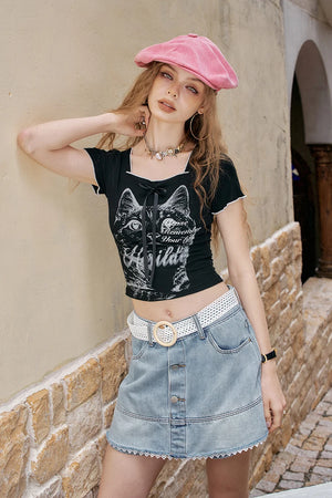 VILZSTUDIOS Chic Cat Print Square Neck Cropped T-Shirt