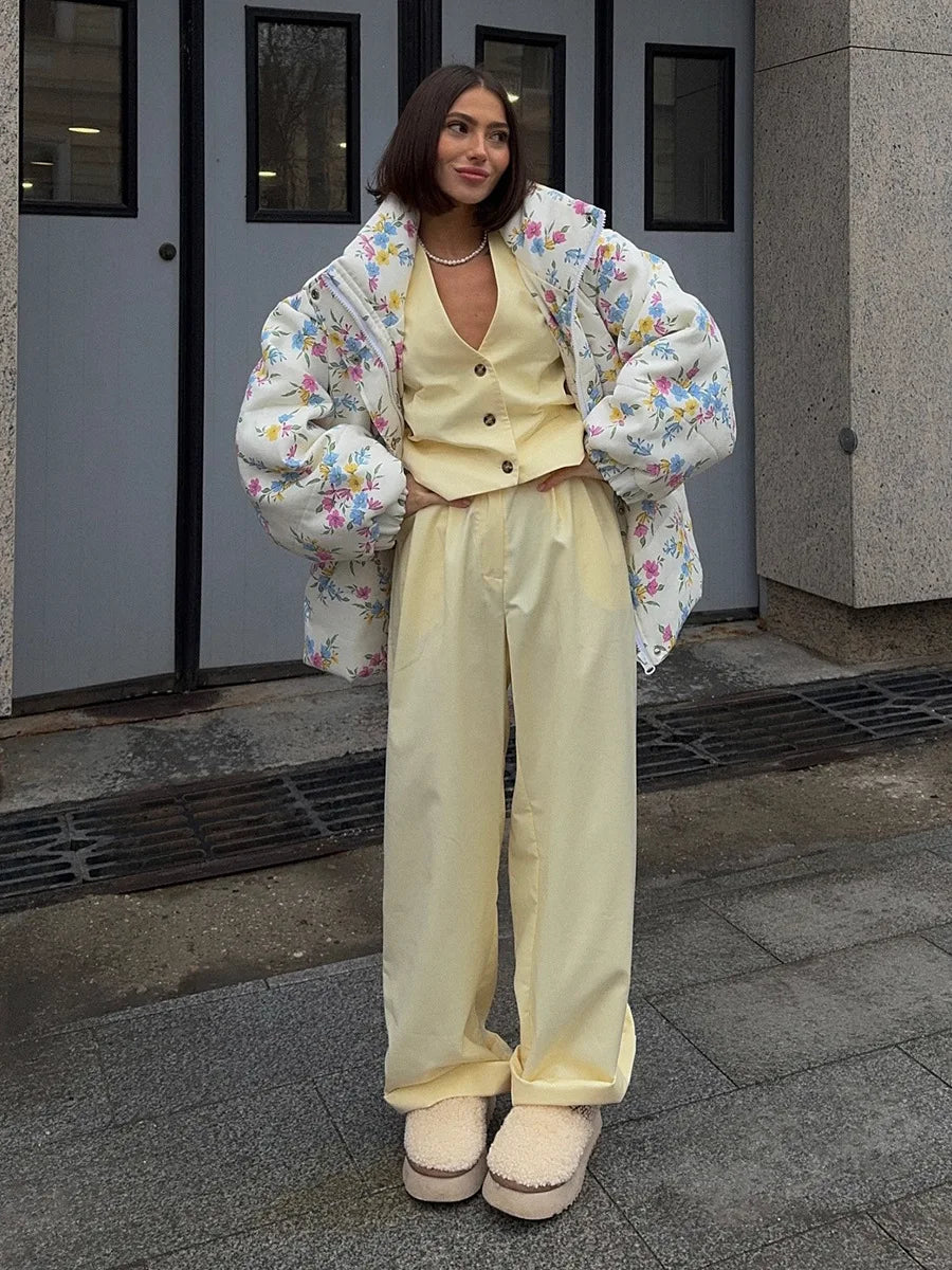 VILZSTUDIOS Cozy Floral Print Oversized Puffer Jacket