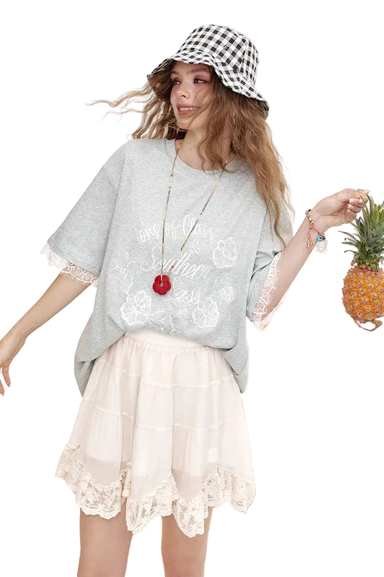 VILZSTUDIOS Lace Patchwork Casual Short Sleeve T-Shirt