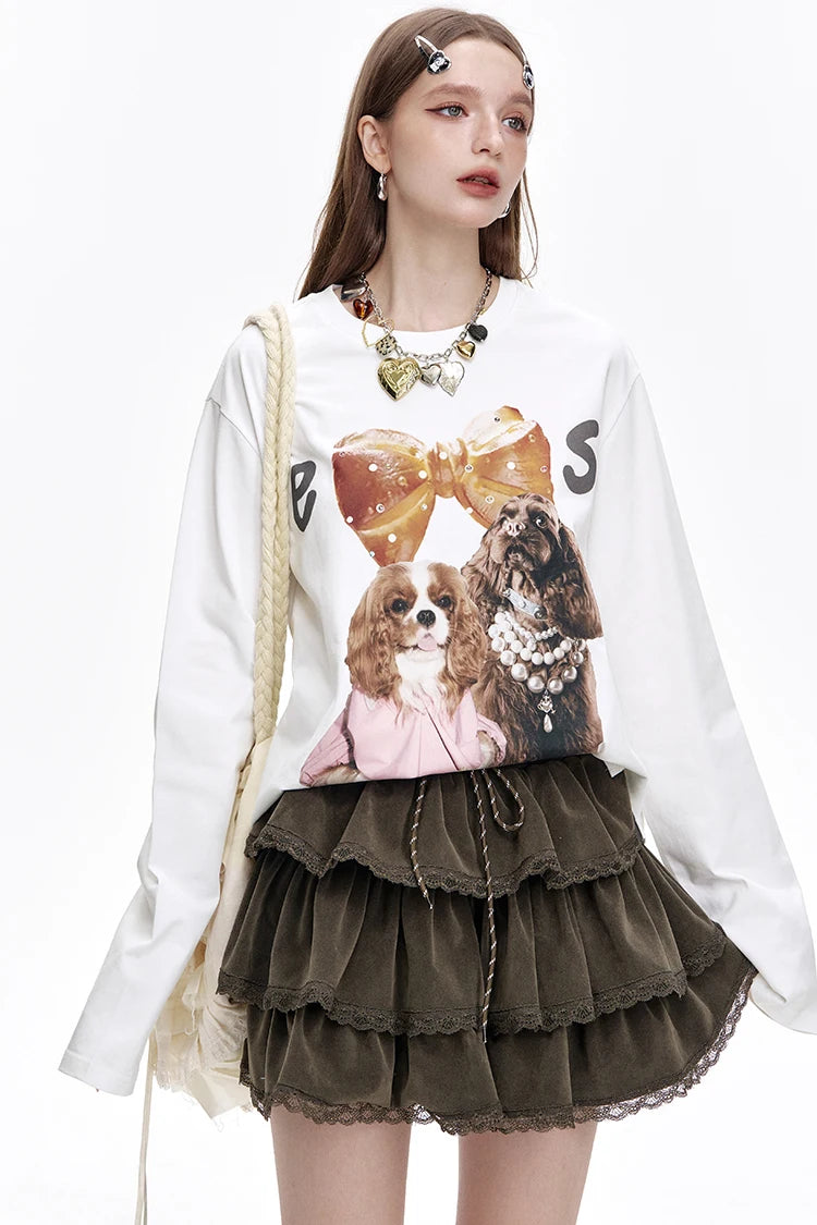 VILZSTUDIOS Cute Casual Puppy Print Long Sleeve Top